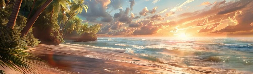 Sunset on the beach. Paradise beach. Tropical paradise, white sand, beach, palm trees and clear water. AI generated illustration