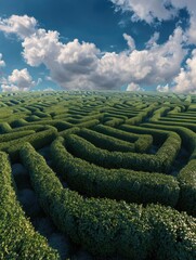 Green hedge maze under bright blue sky - Bright green hedges form a maze under a clear blue sky, symbolizing complexity and problem-solving
