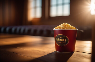 a cup of hollywood popcorn is sitting on a wooden table - obrazy, fototapety, plakaty
