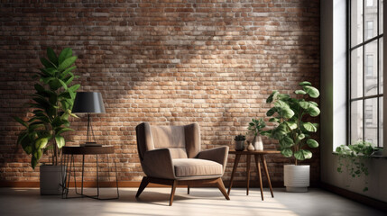 A stylish living room with a brick wall, green plants, and ample natural light 
