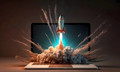 Launching Space Rocket From Laptop Screen. 