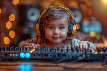 cute dj kid wearing headphone and mixing