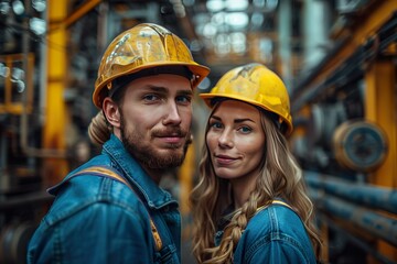 engineering man and woman standing in front of factory
