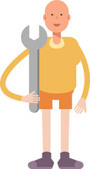 Bald Man Character Holding Wrench
