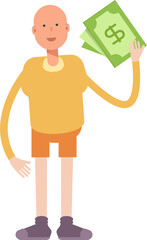 Bald Man Character Holding Dollar Banknotes
