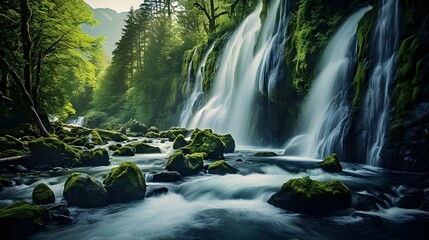 waterfall, flows, pool, water, surrounded, mossy, rocks, lush, greenery, nature, scenic, landscape, tranquil, cascade, serene, environment, outdoor, wilderness, foliage, stream, picturesque, idyllic, 