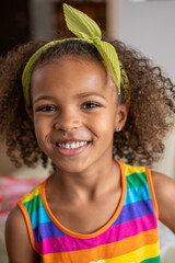 A young mixed race girl with a bright smile, wearing a multicolored striped tank top and a green headband, portrays joy. Ideal for themes of childhood, diversity, and happiness.