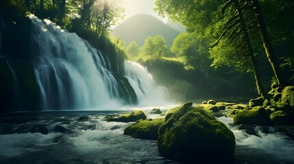 Sunlit Cascading Waterfall Amidst Mossy Rocks and Verdant Trees: Nature's Serene Symphony in Adobe Stock"
"Tranquil Riverbank Scene: Moss-Clad Rocks, Towering Trees, and Sunlit Waterscapes on Adobe St