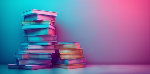 A stack of books in shades of purple, pink, and violet resembling a skyscraper. The electric blue...