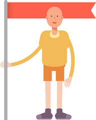 Bald Man Character Holding Flag Pole
