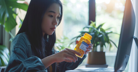 Healthy living and dieting Asian young woman, girl working at home using computer, typing or looking up information on medicine label about vitamins online, holding bottle of food supplement. - obrazy, fototapety, plakaty