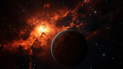 A serene yet awe-inspiring image showcasing a lone orbiting planet set against a warm nebula-filled space backdrop