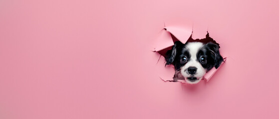 A playful dog with wide eyes looks excitedly through a hole in pink paper, showing off its fluffy ears