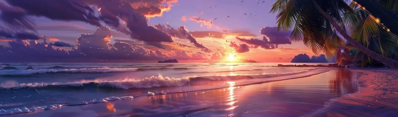 Schilderijen op glas Sunset with palm trees on beach, landscape of palms on sea island. AI generated illustration © 3D