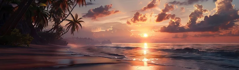 Crédence de cuisine en verre imprimé Couleur saumon Sunset with palm trees on beach, landscape of palms on sea island. AI generated illustration