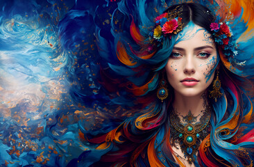 Colorful beautiful Renaissance woman, ink flow intricately detailed fluid gouache painting, calligraphy, acrylic: watercolor art, natural lighting, volumetric lighting maximalist photo-illustration, 
