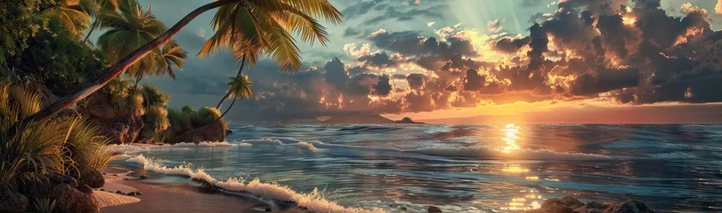 Fotobehang Sunset with palm trees on beach, landscape of palms on sea island. AI generated illustration © 3D