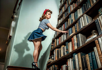 A woman in a short skirt near a bookcase. The woman looks like a pin-up.