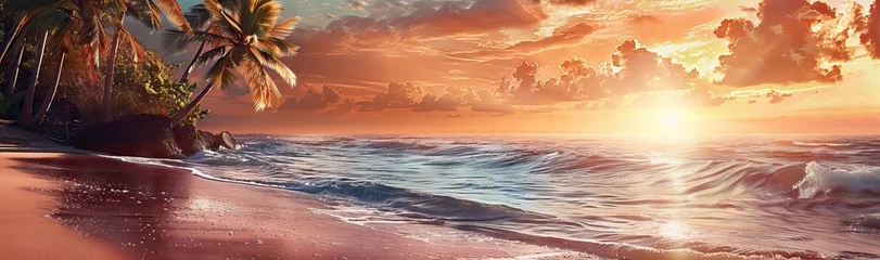Gordijnen Sunset with palm trees on beach, landscape of palms on sea island. AI generated illustration © 3D