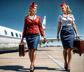 Two flight attendants with suitcases walk along the runway. An airplane can be seen in the background.