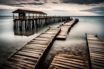 wooden pier at sunset,Transport yourself to the serene ambiance of a peaceful ancient pier, where time seems to stand still amidst the whispers of history