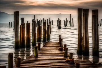 pier at sunset, Transport yourself to the serene ambiance of a peaceful ancient pier, where time seems to stand still amidst the whispers of history