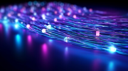Illustration of a glowing fiber optic cable transmitting information and data flows, representing technology and information transfer. - obrazy, fototapety, plakaty