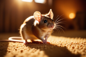A whitefooted mouse with whiskers stands on sandy ground
