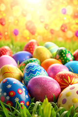 Obraz na płótnie Canvas A vibrant and cheerful collection of Easter eggs adorns a colorful background, setting the scene for joyous Easter celebrations