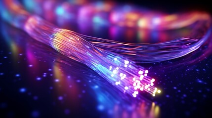 Illustration of a glowing fiber optic cable transmitting information and data flows, representing technology and information transfer. - obrazy, fototapety, plakaty