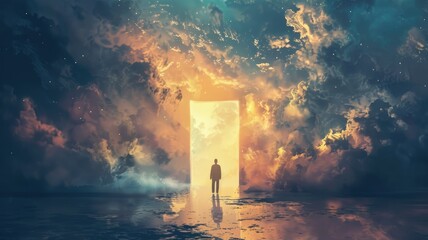 Man before open gate in cloudscape - Surreal image of a man standing before a massive gate against a dynamic cloudscape represents hope and opportunity - obrazy, fototapety, plakaty