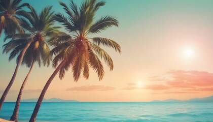 Fototapeta na wymiar sunset on the beach summer background cover photo with palm tree 