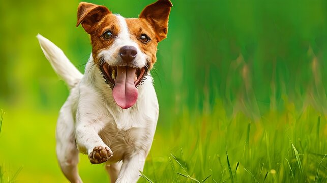Dog playing outside, green nature background