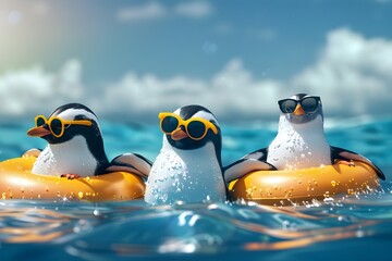 Penguins chilling on floaties in the pool - Three cool penguins wearing sunglasses and floating in a pool, representing chill and fun in summer