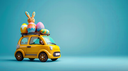 Model of a yellow toy car with Easter eggs and bunny on a blue background. Easter taxi