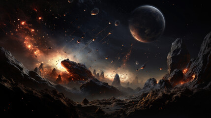 The night sky is aglow with celestial bodies and meteorites over a barren, mountainous alien landscape