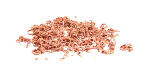 Many delicious chocolate shavings isolated on white