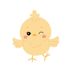 Funny yellow chicken in flat style on a white background. Easter chick.