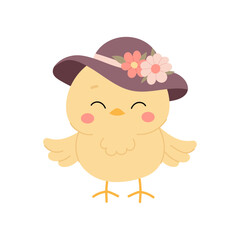 Chick. Cute chicken character wearing a hat with flowers. Yellow chicken in flat style on a white background.