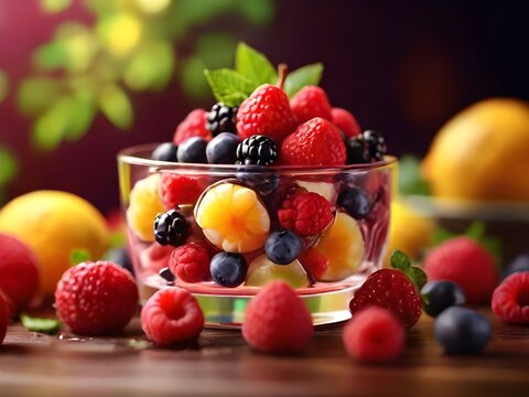 fresh fruit dessert with strawberry, raspberry and blueberry. close-up shot. tasty sweets illustration