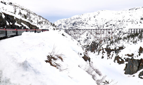Snow Covered Scenic Yukon White Pass Railway. Skagway, Alaska