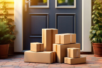 Home delivery concept for online shopping delivery service. The cardboard box for the parcel is delivered to the door. Parcel on the mat near the front door