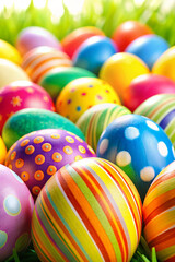 Fototapeta na wymiar A vibrant and cheerful collection of Easter eggs adorns a colorful background, setting the scene for joyous Easter celebrations