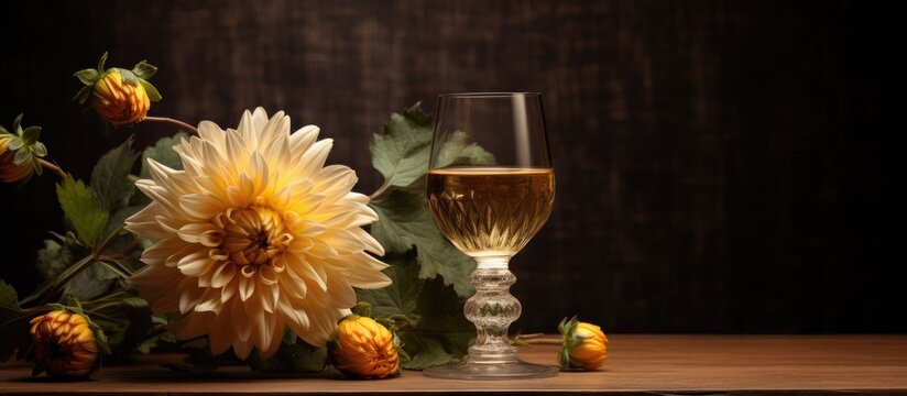 A chrysanthemum flower is delicately placed inside a glass filled with red wine on a wooden table in a still life setting.