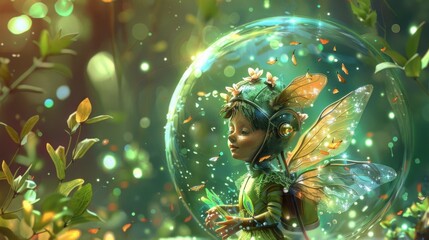 A cute fairy explores the universal mysteries adorned in a clear helmet in a whimsical illustration