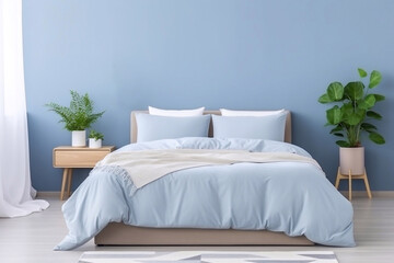 Sky blue bedroom interior with double bed, plants and gray drawers on the floor - obrazy, fototapety, plakaty