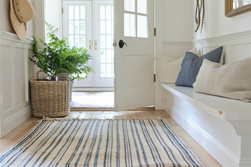 A entryway with a coastal style and a striped rug