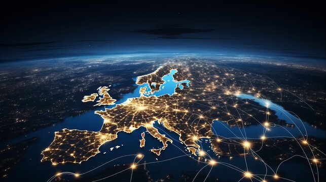 Illustration of illuminated cities with linear connections, offering a view of Europe and suitable for technology and future themes.