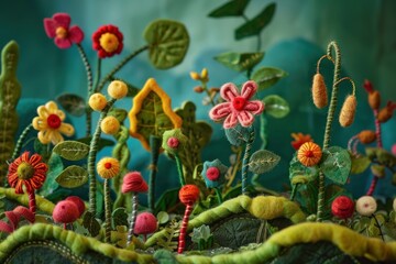 Felt plants sway to a musical melody in a fairytale setting showcasing innovation in harmony with nature - obrazy, fototapety, plakaty
