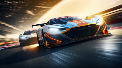 Motorsport cars take on a cornering scene with motion blur on the race track. Rendered in 3D.